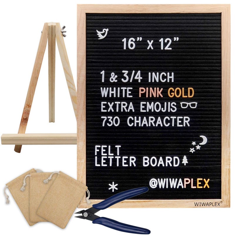 WIWAPLEX Black Felt Letter Board,Word Board Sign,16 x 12 inch Changeable Letter Board with 730 Plastic Message Board Letters Numbers Symbols Pattern,Wooden Tripod Stand, Scissors, 3 Free Storage Bags - Image 1